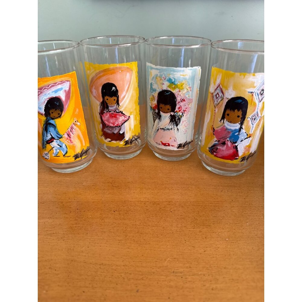 Set Of 4 Vintage Drinking Glasses With Colorful Child Art By De Grazia